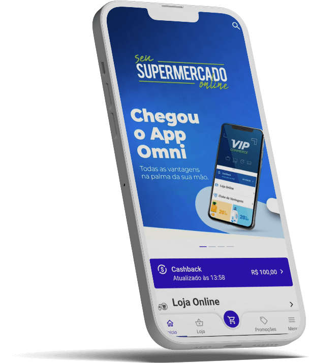 Tela inicial do App Omni VipCommerce, com Cashback, Loja Online e Clube de Vantagens